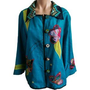 Allure Vintage Teal Blue Floral Appliqued Lined Lightweight Button up Jacket L
